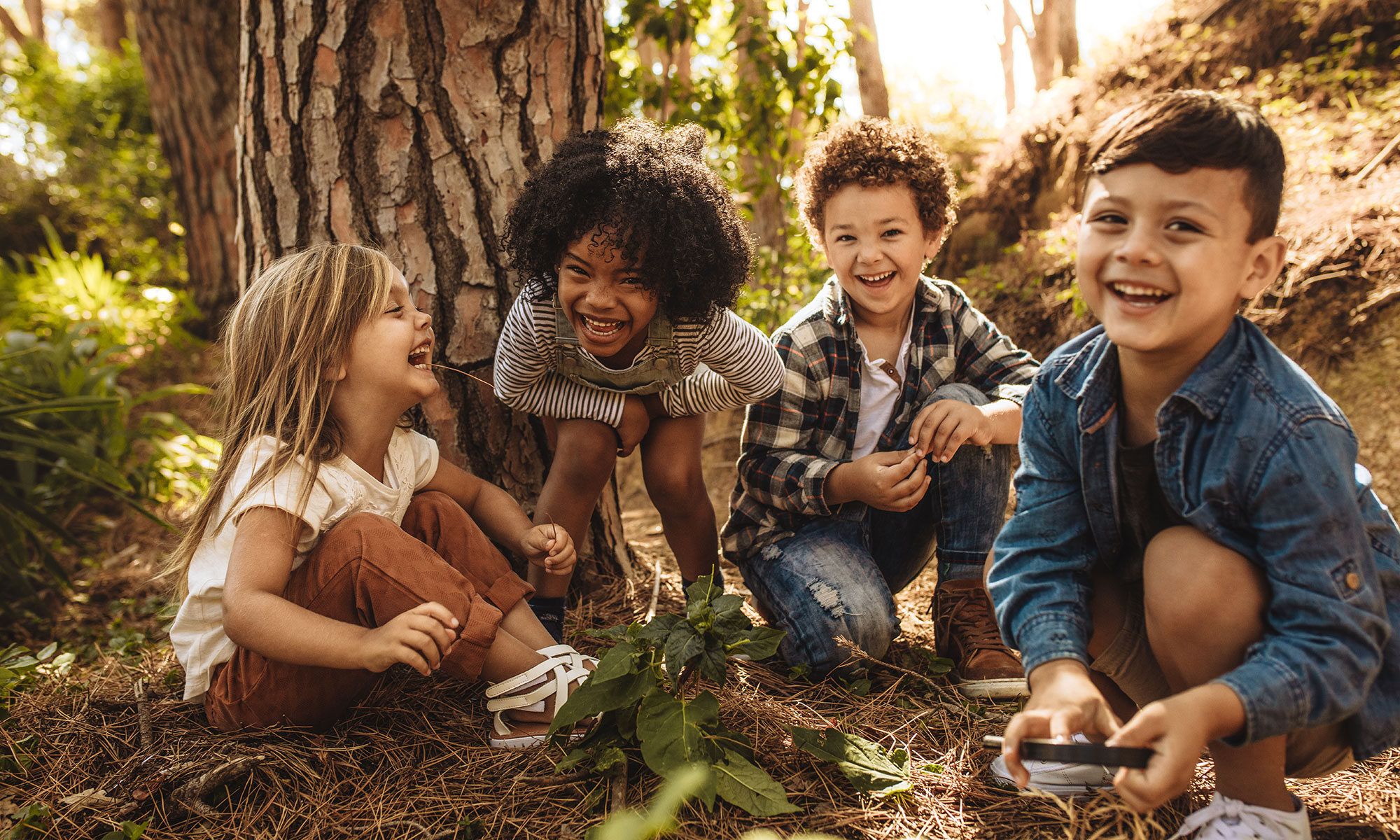 Grupp med barn leker i skogen